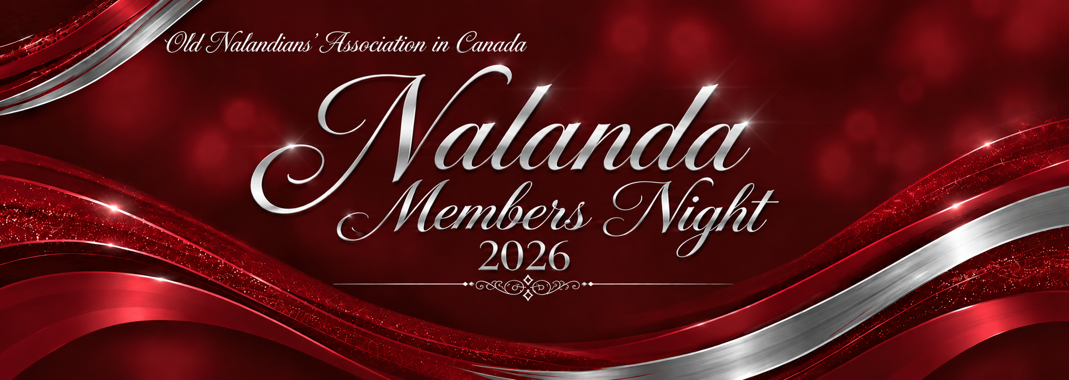 Nalanda Members Night 2026 — burgundy and silver event banner